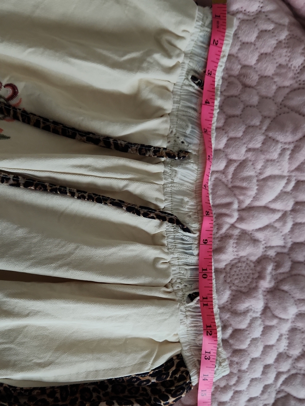 New Wo Tags Embroidered Cream Drawstring Pants with Leopard Trim - Picture 2 of 8